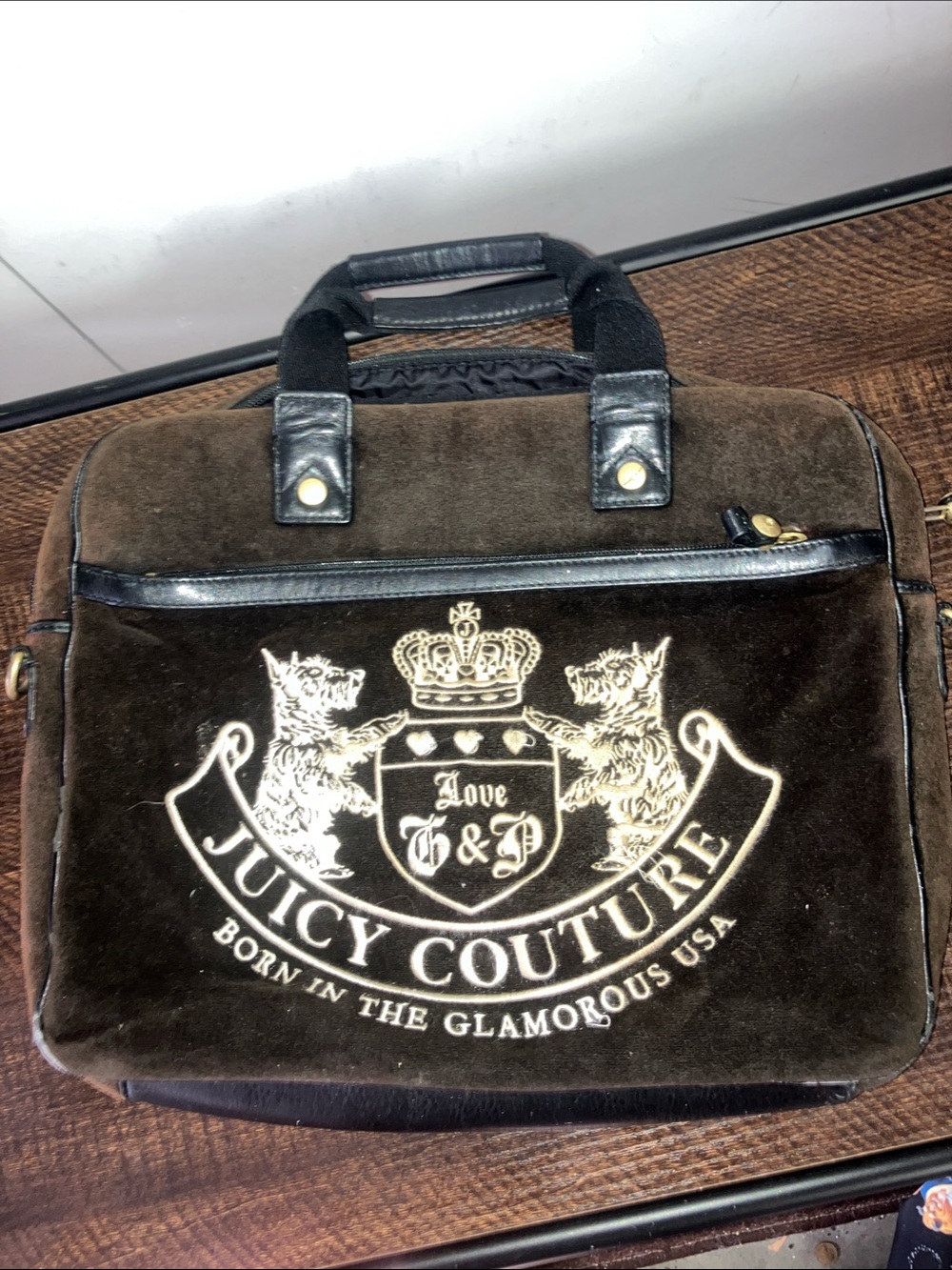 Juicy Couture Brown Velvet Crest Laptop Bag with Cream Embroidery